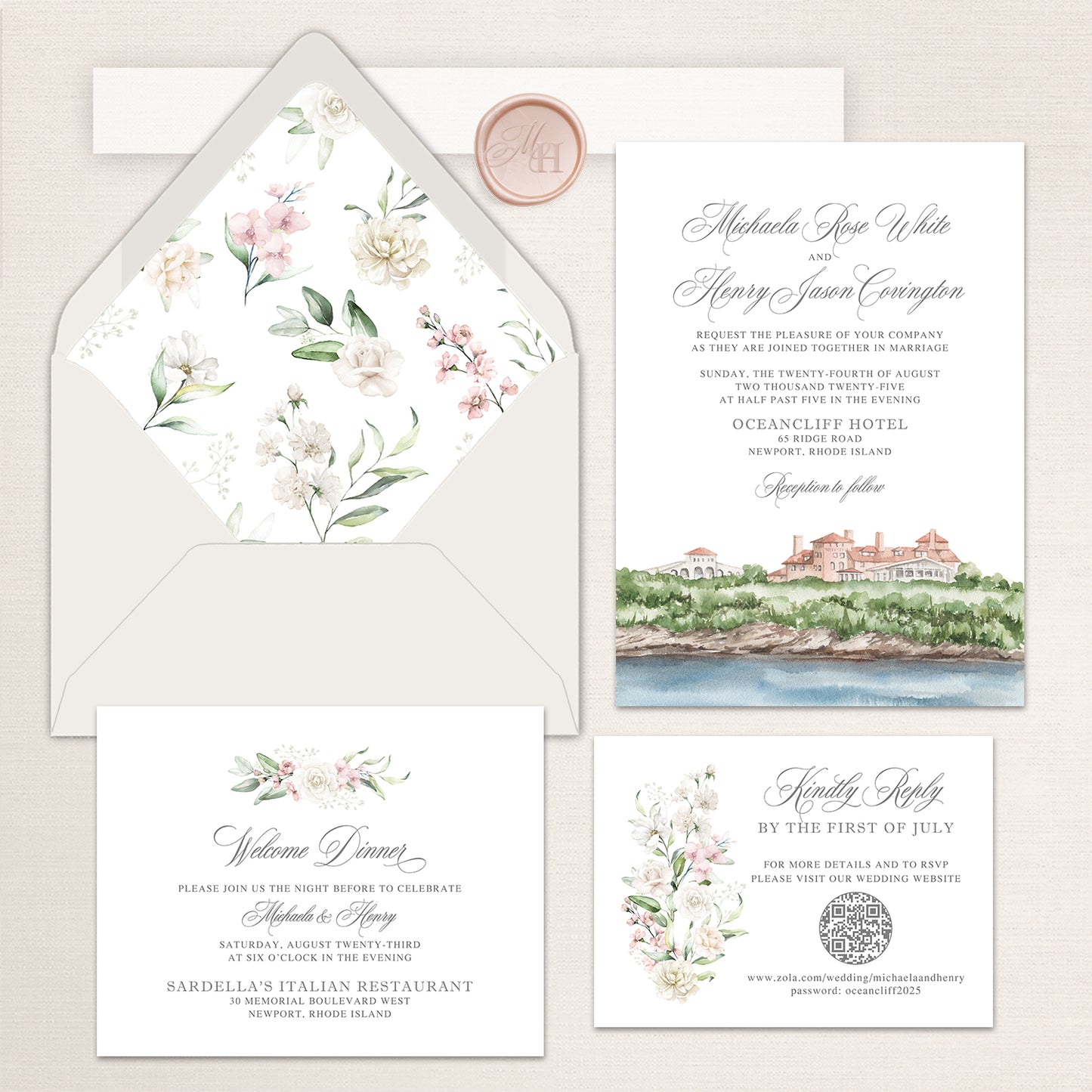 OceanCliff wedding invitation suite with watercolor venue illustration, pastel floral envelope liner, RSVP card, and welcome dinner insert.