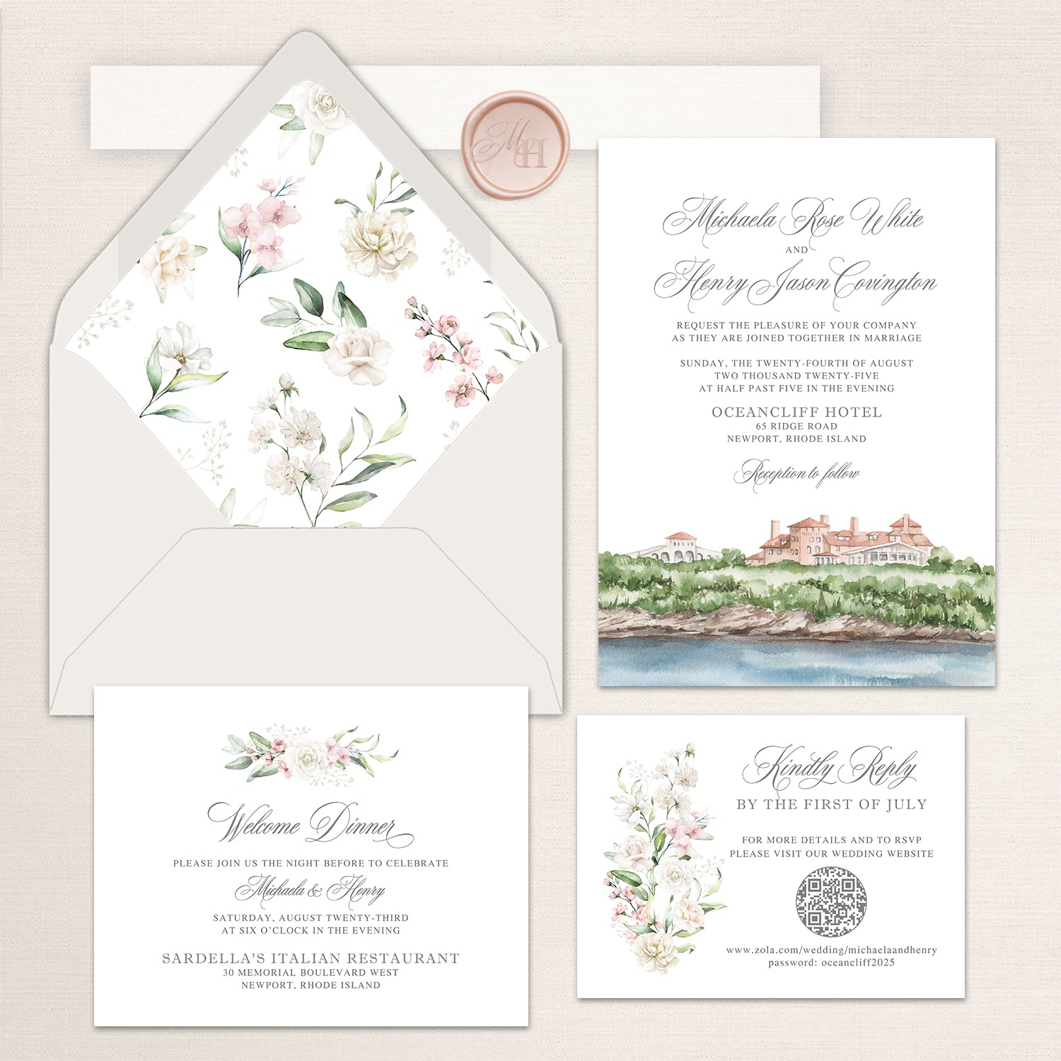 OceanCliff wedding invitation suite with watercolor venue illustration, pastel floral envelope liner, RSVP card, and welcome dinner insert.