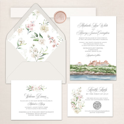 OceanCliff wedding invitation suite with watercolor venue illustration, pastel floral envelope liner, RSVP card, and welcome dinner insert.
