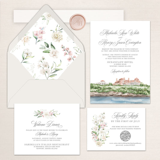 OceanCliff wedding invitation suite with watercolor venue illustration, pastel floral envelope liner, RSVP card, and welcome dinner insert.