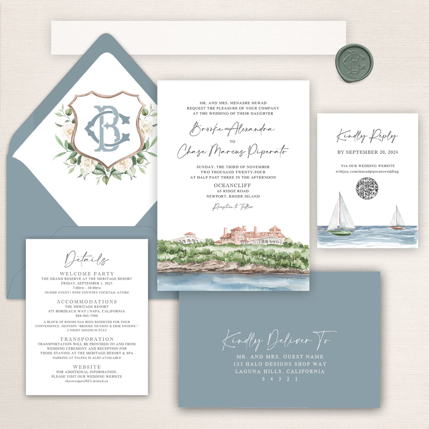 Wedding invitation suite featuring watercolor venue illustration, floral crest envelope liner, sailboat QR RSVP card, and coordinating details card.