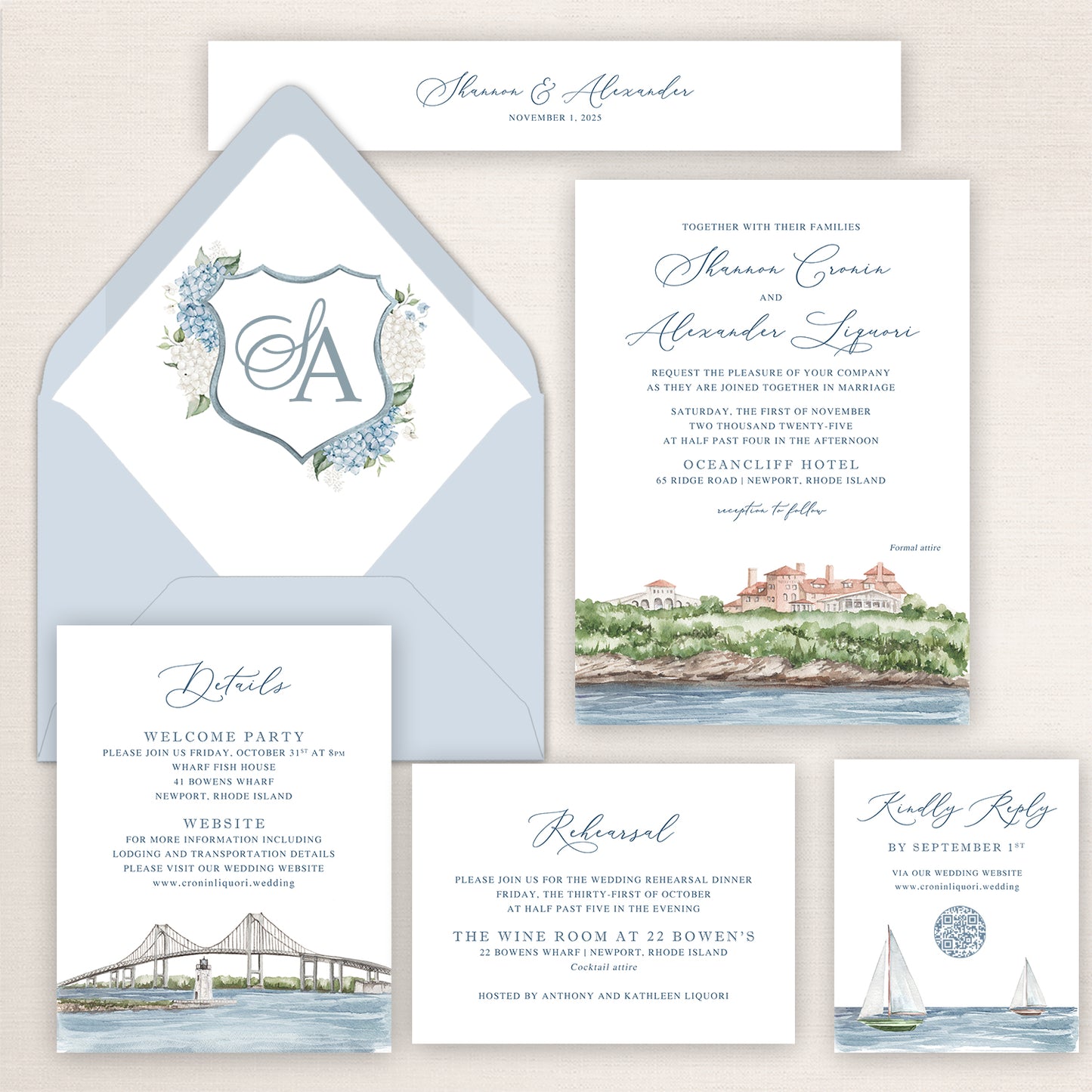 Newport, Rhode Island wedding invitation suite with watercolor venue illustration, hydrangea crest envelope liner, sailboat RSVP card, and Newport bridge details insert.