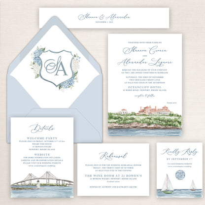 Newport, Rhode Island wedding invitation suite with watercolor venue illustration, hydrangea crest envelope liner, sailboat RSVP card, and Newport bridge details insert.
