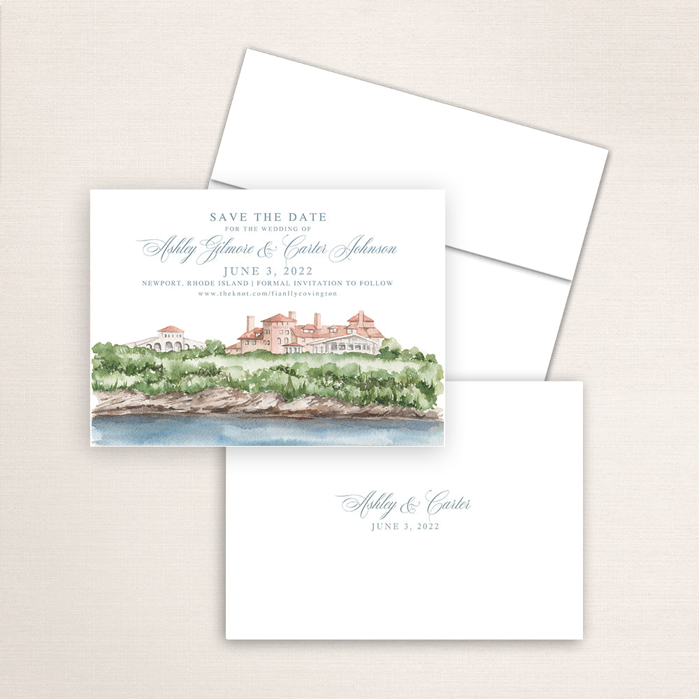 Custom watercolor Save the Date card featuring hand-painted venue illustration of OceanCliffs in Newport, Rhode Island, personalized wedding stationery with elegant venue artwork. 