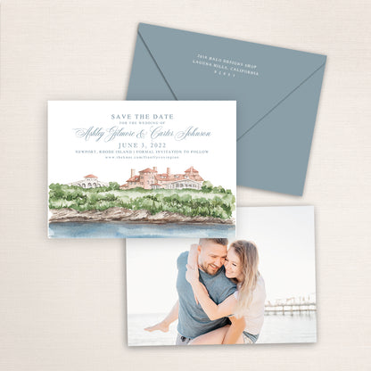 Custom watercolor Save the Date card featuring hand-painted venue illustration of OceanCliffs in Newport, Rhode Island, personalized wedding stationery with elegant venue artwork with matching envelope.