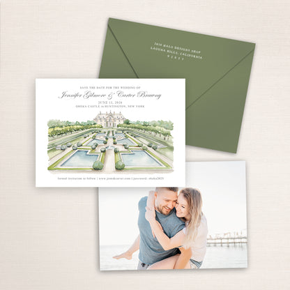 Hand-painted watercolor of Oheka Castle in New York, printed on a save the date announcement with a photo on the back and matching envelopes.