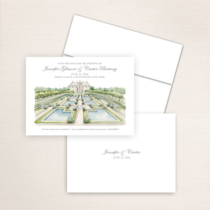 Hand-painted watercolor of Oheka Castle in New York, printed on a save the date wedding card.