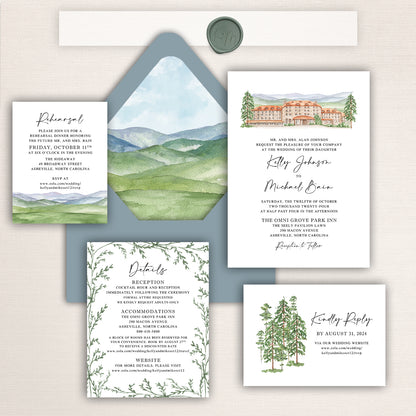 Watercolor wedding invitation suite featuring the Omni Grove Park Inn with mountain landscape envelope liner and coordinating stationery.