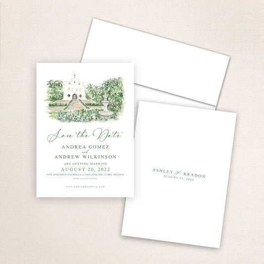 Custom watercolor Save the Date card featuring hand-painted venue illustration of the One and Only Palmilla in San Jose Del Cabo, Mexico, personalized wedding stationery with elegant venue artwork.