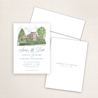 Our Lady of Perpetual Help Bernardsville save the date featuring a hand-painted watercolor illustration of the historic stone church surrounded by trees, elegant blue script typography, and minimalist back printed with the couple’s names and wedding date.