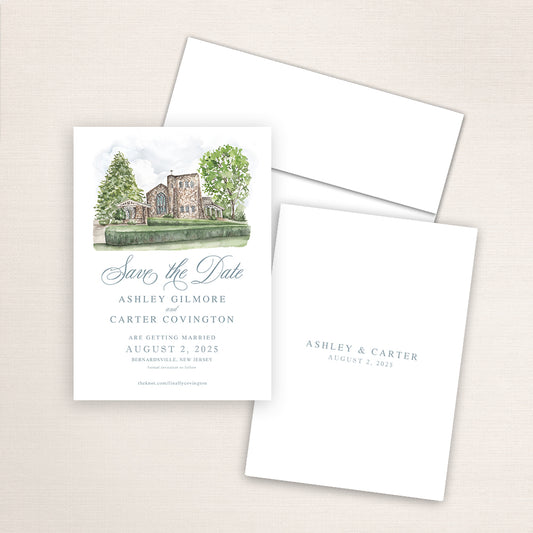 Our Lady of Perpetual Help Bernardsville save the date featuring a hand-painted watercolor illustration of the historic stone church surrounded by trees, elegant blue script typography, and minimalist back printed with the couple’s names and wedding date.