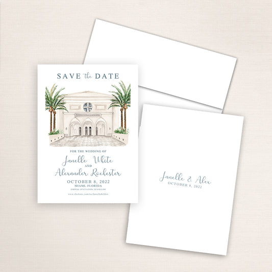 Custom watercolor Save the Date card featuring hand-painted venue illustration of Our Lady of Belen Chapel in Miami, Florida, personalized wedding stationery with elegant venue artwork.