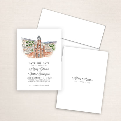 Custom watercolor Save the Date card featuring hand-painted venue illustration of Our Lady of Guadalupe in Puerto Vallarta, Mexico, personalized wedding stationery with elegant venue artwork. 
