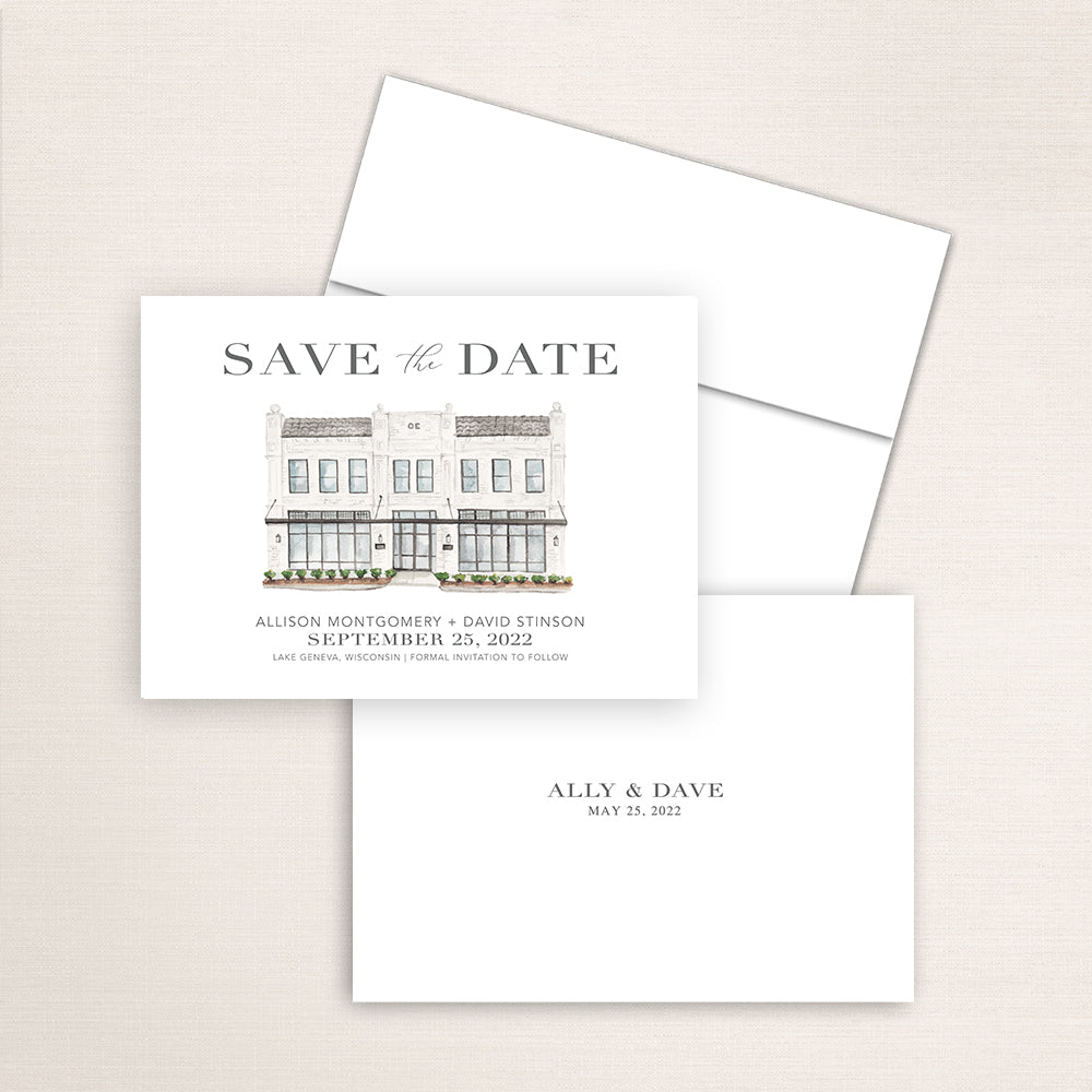 Custom watercolor Save the Date card featuring hand-painted venue illustration of Oxford Exchange in Lake Geneva, Wisconsin, personalized wedding stationery with elegant venue artwork. 