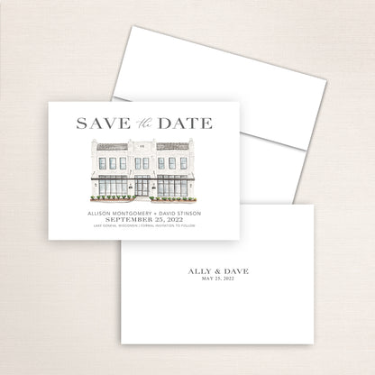 Custom watercolor Save the Date card featuring hand-painted venue illustration of Oxford Exchange in Lake Geneva, Wisconsin, personalized wedding stationery with elegant venue artwork. 