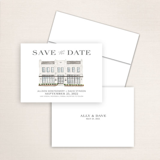 Custom watercolor Save the Date card featuring hand-painted venue illustration of Oxford Exchange in Lake Geneva, Wisconsin, personalized wedding stationery with elegant venue artwork. 