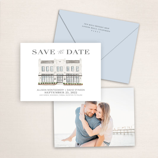 Custom watercolor Save the Date card featuring hand-painted venue illustration of Oxford Exchange in Lake Geneva, Wisconsin, personalized wedding stationery with elegant venue artwork with matching envelope.
