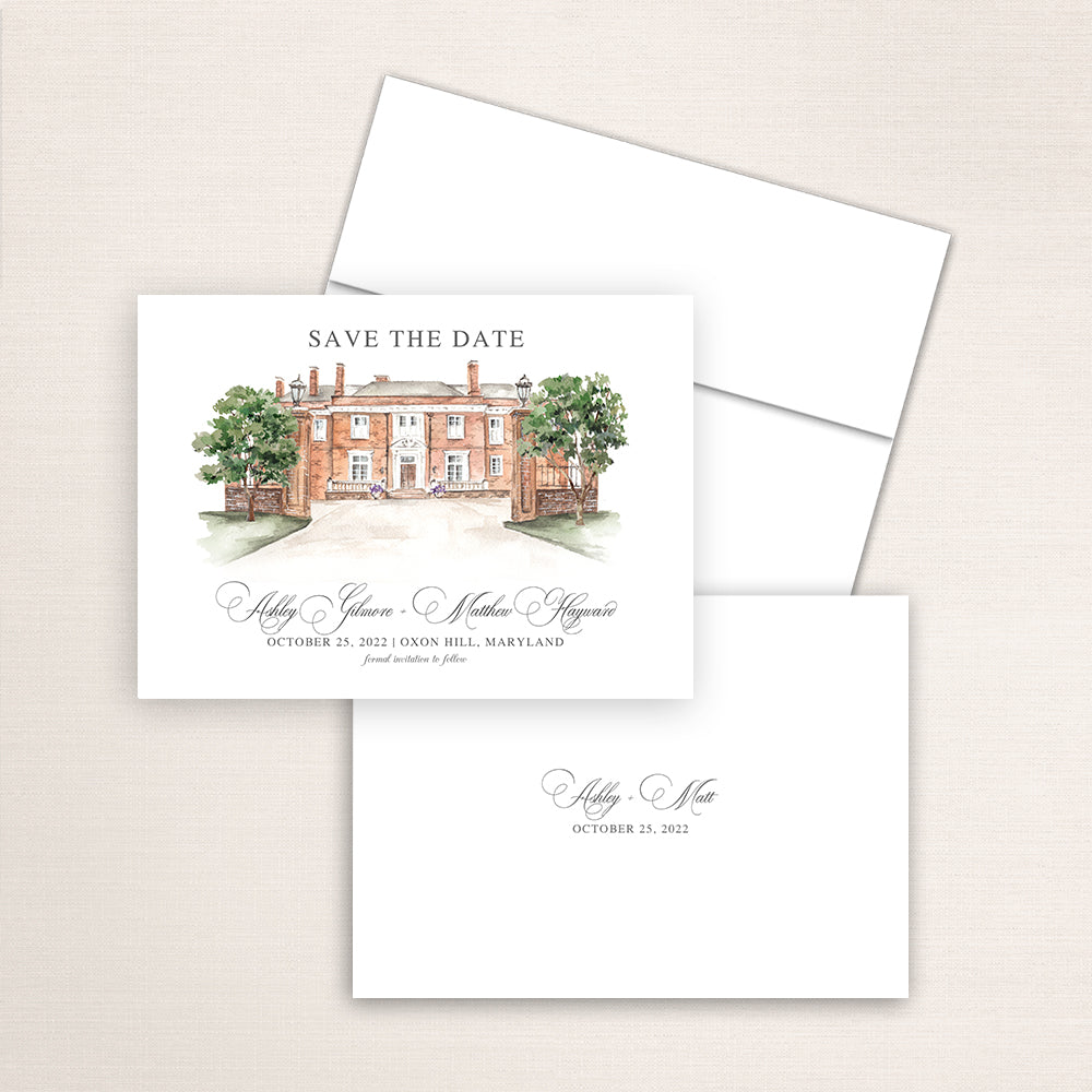 Custom watercolor Save the Date card featuring hand-painted venue illustration of Oxon Hill Manor in Maryland personalized wedding stationery with elegant venue artwork. 