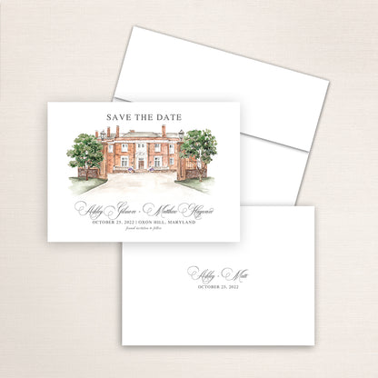 Custom watercolor Save the Date card featuring hand-painted venue illustration of Oxon Hill Manor in Maryland personalized wedding stationery with elegant venue artwork. 