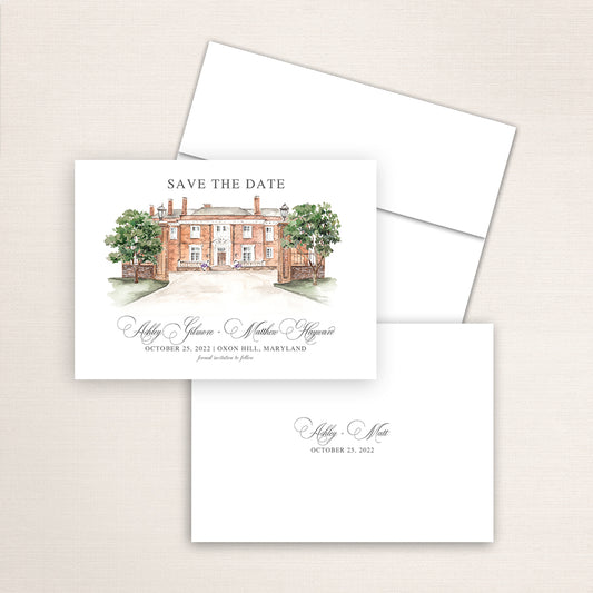 Custom watercolor Save the Date card featuring hand-painted venue illustration of Oxon Hill Manor in Maryland personalized wedding stationery with elegant venue artwork. 