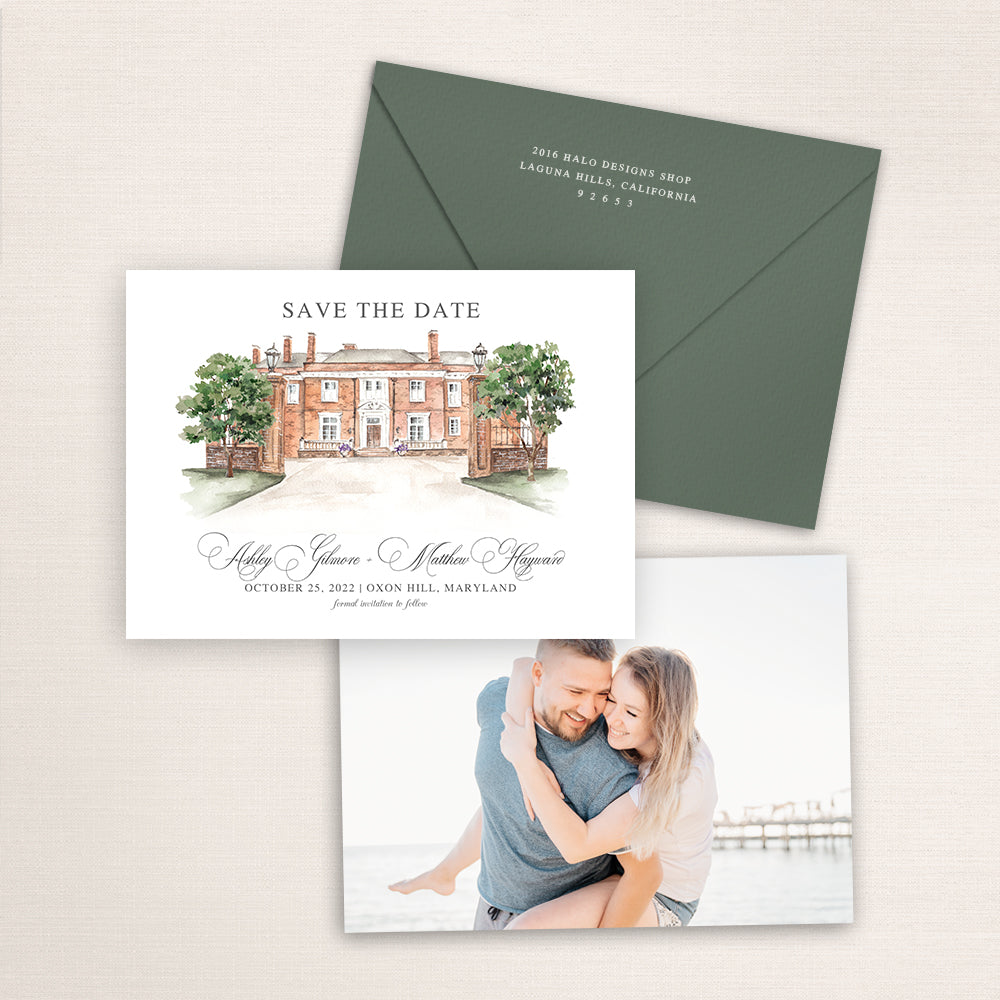 Custom watercolor Save the Date card featuring hand-painted venue illustration of Oxon Hill Manor in Maryland personalized wedding stationery with elegant venue artwork with matching envelope.
