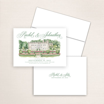 Custom watercolor Save the Date card featuring hand-painted venue illustration of Palmerstown House Estate in Naas, Ireland, personalized wedding stationery with elegant venue artwork. 