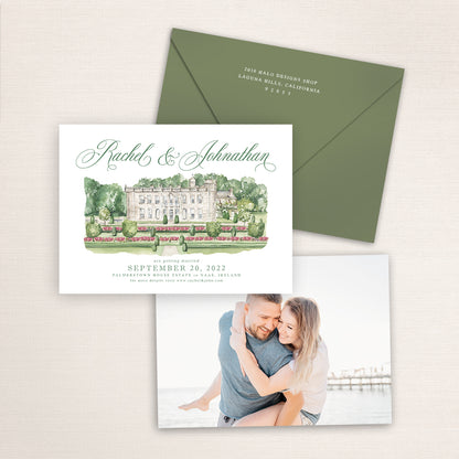 Custom watercolor Save the Date card featuring hand-painted venue illustration of Palmerstown House Estate in Naas, Ireland, personalized wedding stationery with elegant venue artwork with matching envelope.