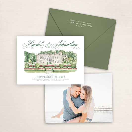 Custom watercolor Save the Date card featuring hand-painted venue illustration of Palmerstown House Estate in Naas, Ireland, personalized wedding stationery with elegant venue artwork with matching envelope.