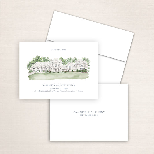 Custom watercolor Save the Date card featuring hand-painted illustration of Park Chateau in East Brunswick, New Jersey, personalized wedding stationery with elegant venue artwork.