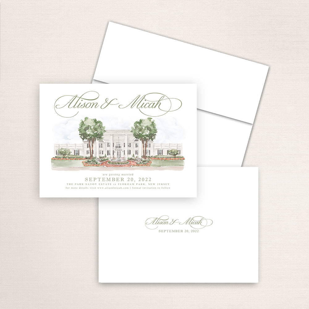 Custom watercolor Save the Date card featuring hand-painted venue illustration of the Park Savoy in Florham Park, New Jersey, personalized wedding stationery with elegant venue artwork. 