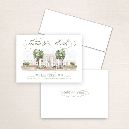 Custom watercolor Save the Date card featuring hand-painted venue illustration of the Park Savoy in Florham Park, New Jersey, personalized wedding stationery with elegant venue artwork. 