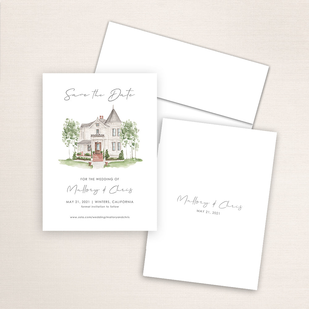 Custom watercolor Save the Date card featuring hand-painted venue illustration of Park Winters in Winters, California, personalized wedding stationery with elegant venue artwork. 
