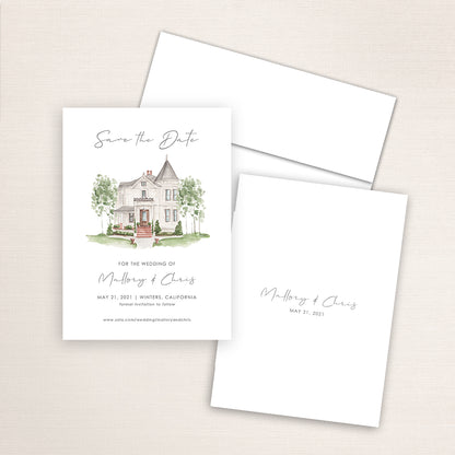 Custom watercolor Save the Date card featuring hand-painted venue illustration of Park Winters in Winters, California, personalized wedding stationery with elegant venue artwork. 