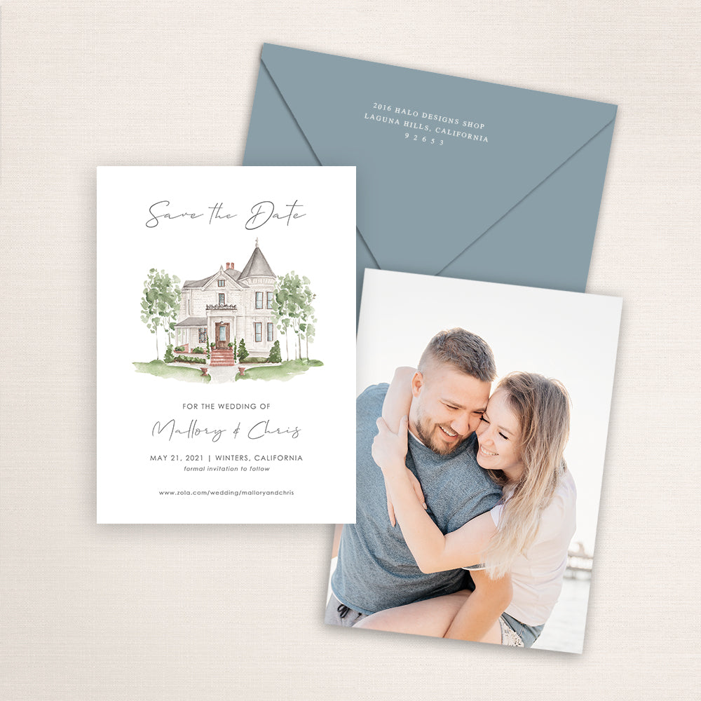 Custom watercolor Save the Date card featuring hand-painted venue illustration of Park Winters in Winters, California, personalized wedding stationery with elegant venue artwork with matching envelope.