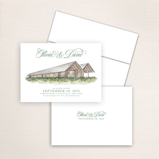 Custom watercolor Save the Date card featuring hand-painted venue illustration of Parrish Barn in Water Mill, New York, personalized wedding stationery with elegant venue artwork. 
