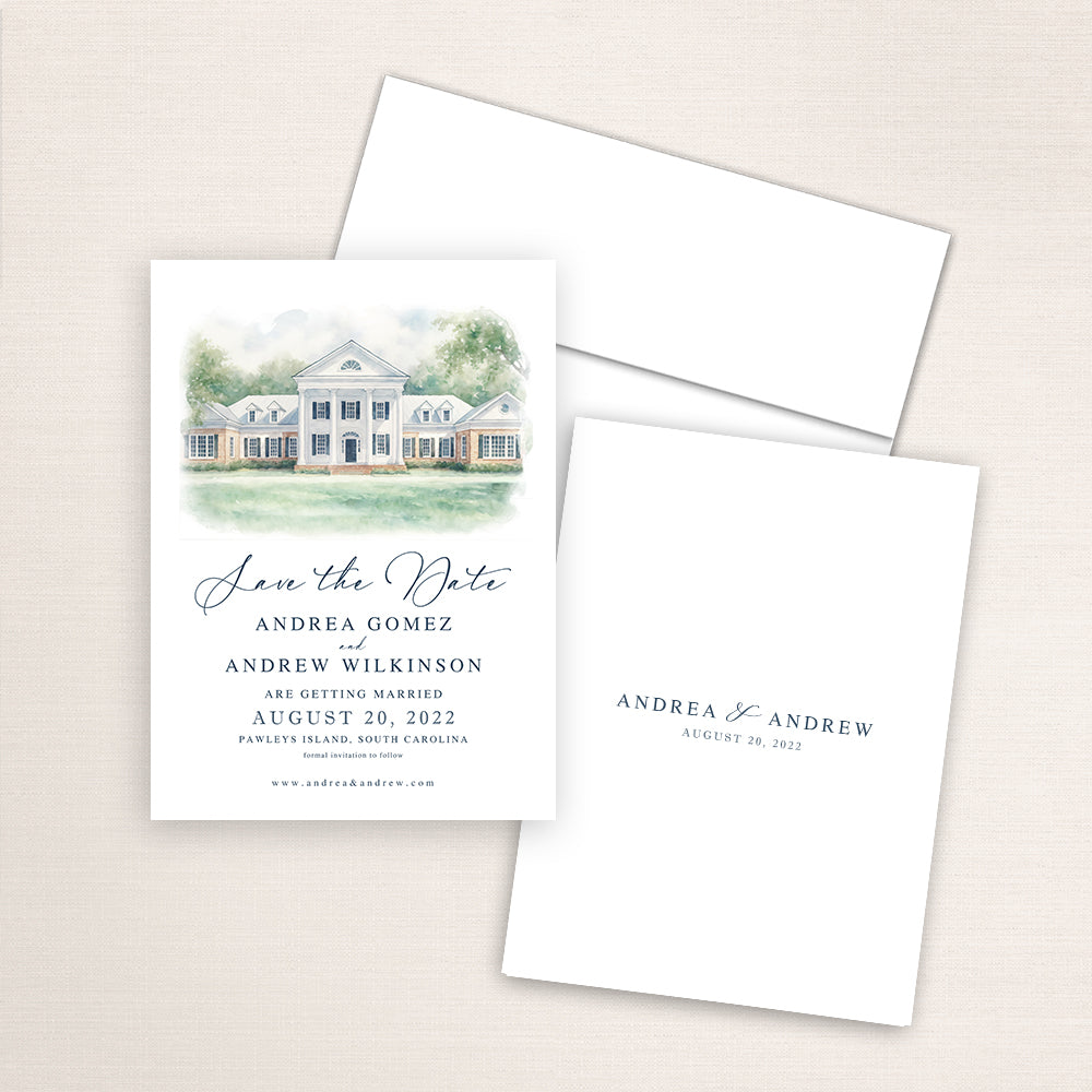 Pawleys Plantation save the date featuring a watercolor illustration of the classic white-columned Pawleys Island, South Carolina venue, elegant navy script typography, and minimalist printed back with couple’s names and wedding date.