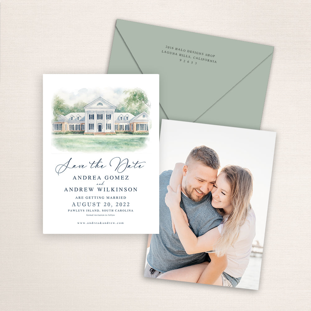 Pawleys Plantation wedding save the date with hand-painted watercolor artwork of the Pawleys Island plantation-style venue, refined script names, sage green envelope, and engagement photo printed on the back.