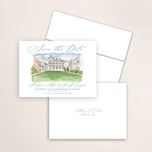 Custom watercolor Save the Date card featuring hand-painted venue illustration of Pearl Hotel in Rosemary Brach, Florida, personalized wedding stationery with elegant venue artwork. 