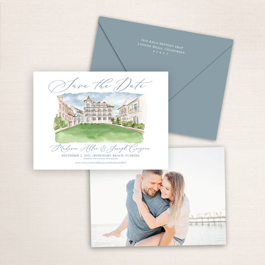 Custom watercolor Save the Date card featuring hand-painted venue illustration of Pearl Hotel in Rosemary Brach, Florida, personalized wedding stationery with elegant venue artwork. 