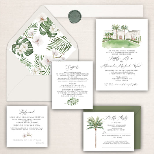 Pelican Club wedding invitation suite with hand-painted watercolor venue illustration, tropical palm details, lined envelopes, RSVP card, and coordinating inserts.