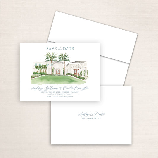Custom watercolor Save the Date card featuring hand-painted venue illustration of the Pelican Club in Jupiter, Florida, personalized wedding stationery with elegant venue artwork. 