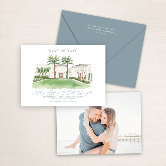 Custom watercolor Save the Date card featuring hand-painted venue illustration of the Pelican Club in Jupiter, Florida, personalized wedding stationery with elegant venue artwork. 