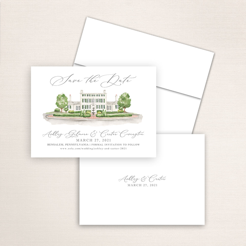 Custom watercolor Save the Date card featuring hand-painted venue illustration of Pen Ryn Mansion in Bensalem, Pennsylvania, personalized wedding stationery with elegant venue artwork. 
