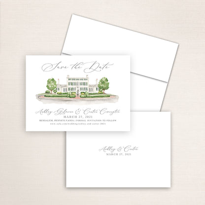 Custom watercolor Save the Date card featuring hand-painted venue illustration of Pen Ryn Mansion in Bensalem, Pennsylvania, personalized wedding stationery with elegant venue artwork. 