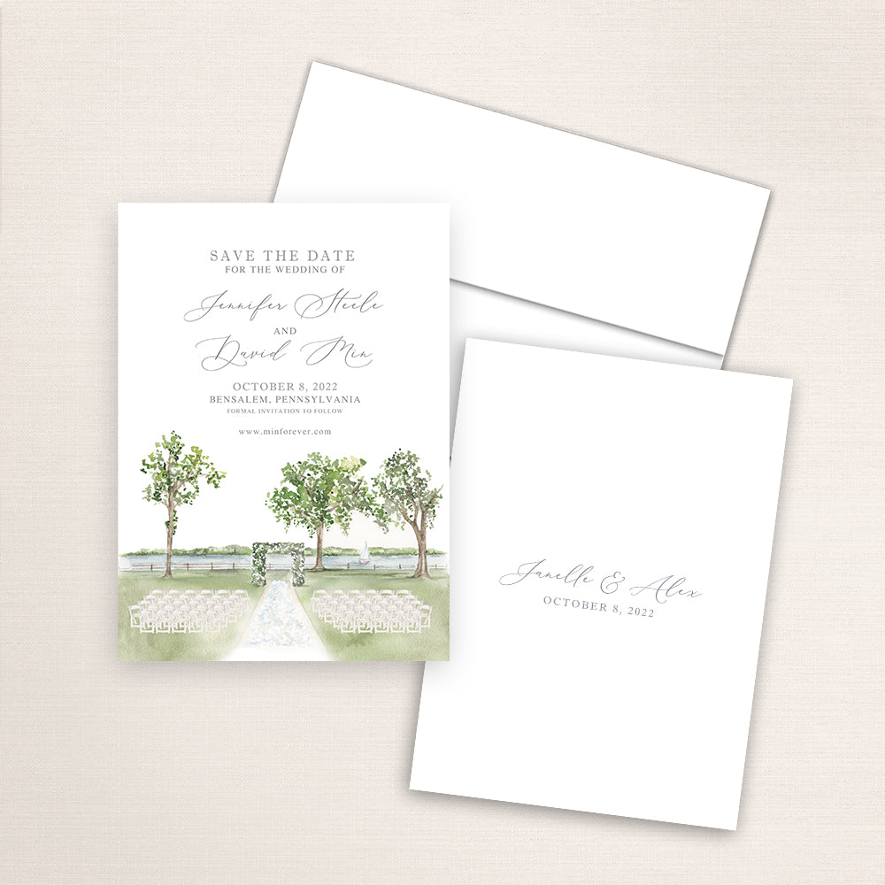 Custom watercolor Save the Date card featuring hand-painted venue illustration of Pen Ryn Lake in Bensalem,  Pennsylvania, personalized wedding stationery with elegant venue artwork. 
