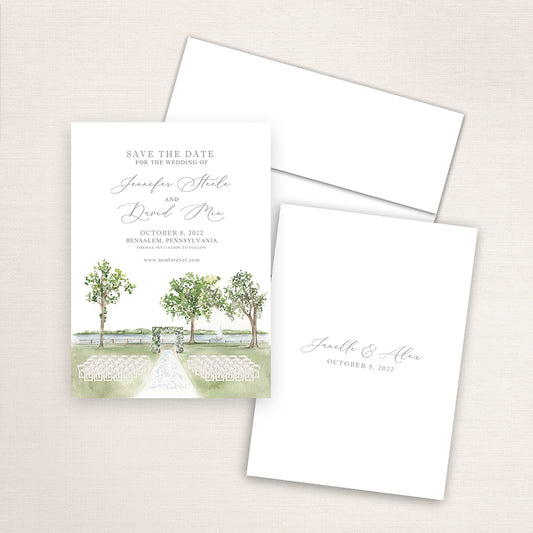 Custom watercolor Save the Date card featuring hand-painted venue illustration of Pen Ryn Lake in Bensalem,  Pennsylvania, personalized wedding stationery with elegant venue artwork. 