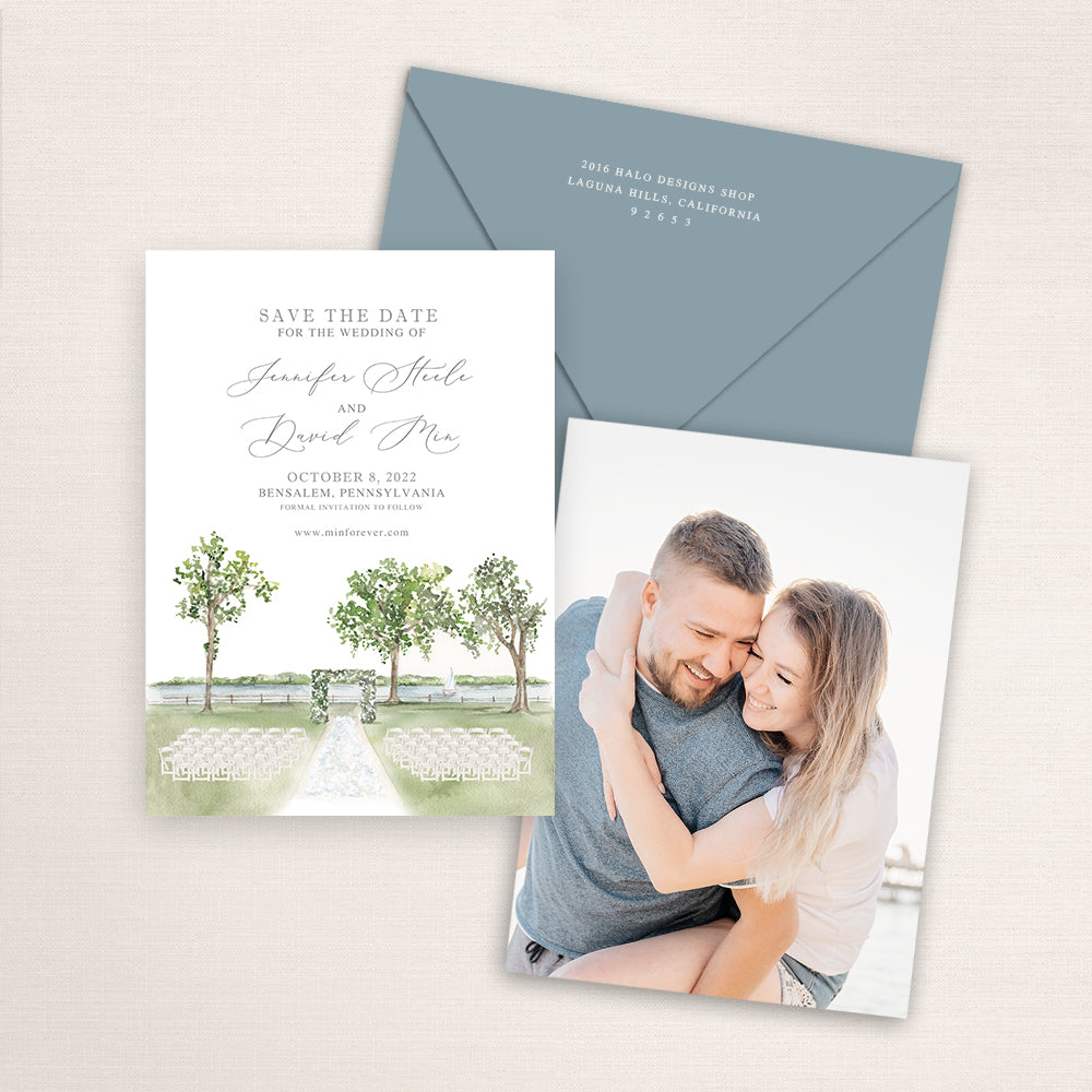 Custom watercolor Save the Date card featuring hand-painted venue illustration of Pen Ryn Lake in Bensalem,  Pennsylvania, personalized wedding stationery with elegant venue artwork with matching envelope.