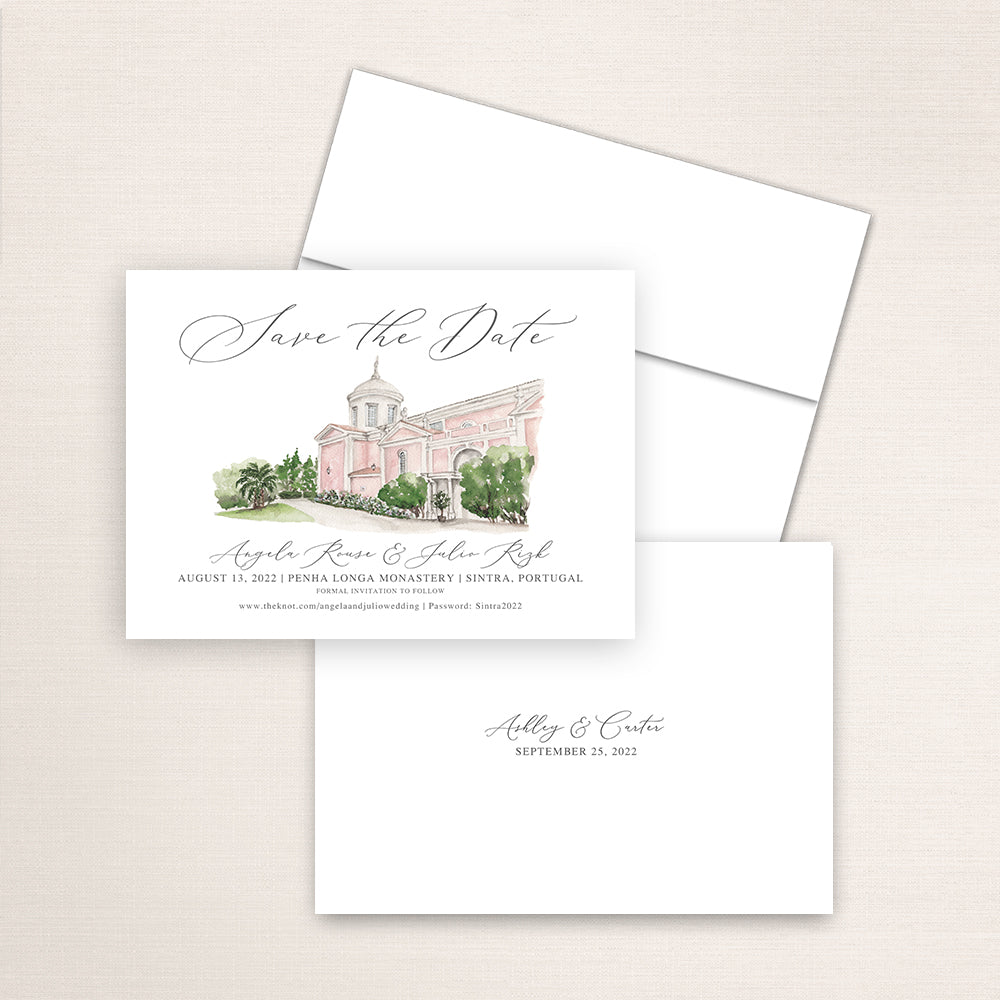 Custom watercolor Save the Date card featuring hand-painted venue illustration of Penha Longa Monastery in Sinatra, Portugal, personalized wedding stationery with elegant venue artwork. 