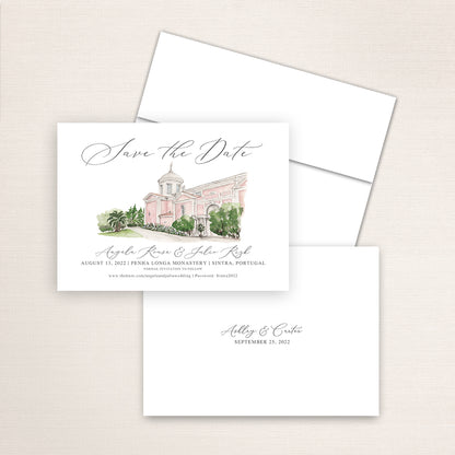 Custom watercolor Save the Date card featuring hand-painted venue illustration of Penha Longa Monastery in Sinatra, Portugal, personalized wedding stationery with elegant venue artwork. 
