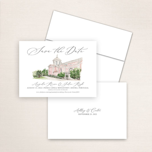Custom watercolor Save the Date card featuring hand-painted venue illustration of Penha Longa Monastery in Sinatra, Portugal, personalized wedding stationery with elegant venue artwork. 